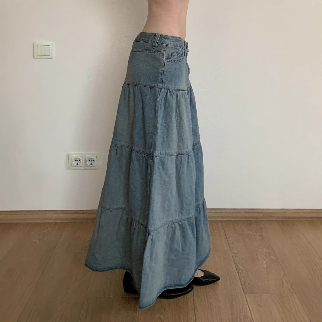 Vacation Style Low Waist Old Washed Blue Loose Slimming Denim Skirt