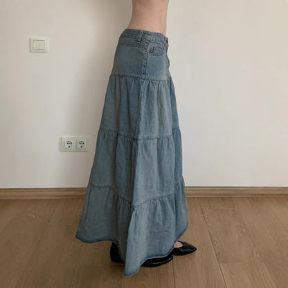 Vacation Style Low Waist Old Washed Blue Loose Slimming Denim Skirt