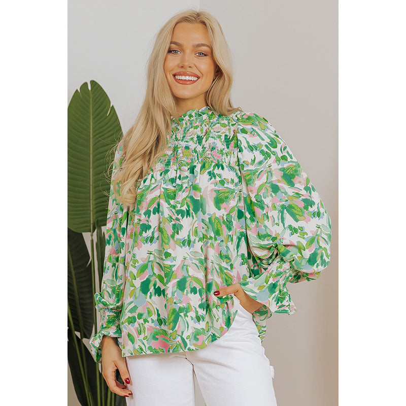 Color Matching Printed Turtleneck Chiffon Shirt