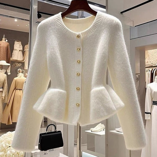 High-grade White Sweater Cardigan Waist-tight