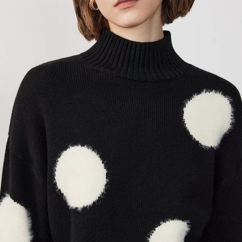 Autumn New Half Turtleneck Polka Dot Temperament Crew Neck Pullover Sweater Women