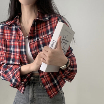 Short Long Sleeve Plaid Shirt Fashion Baggy Coat