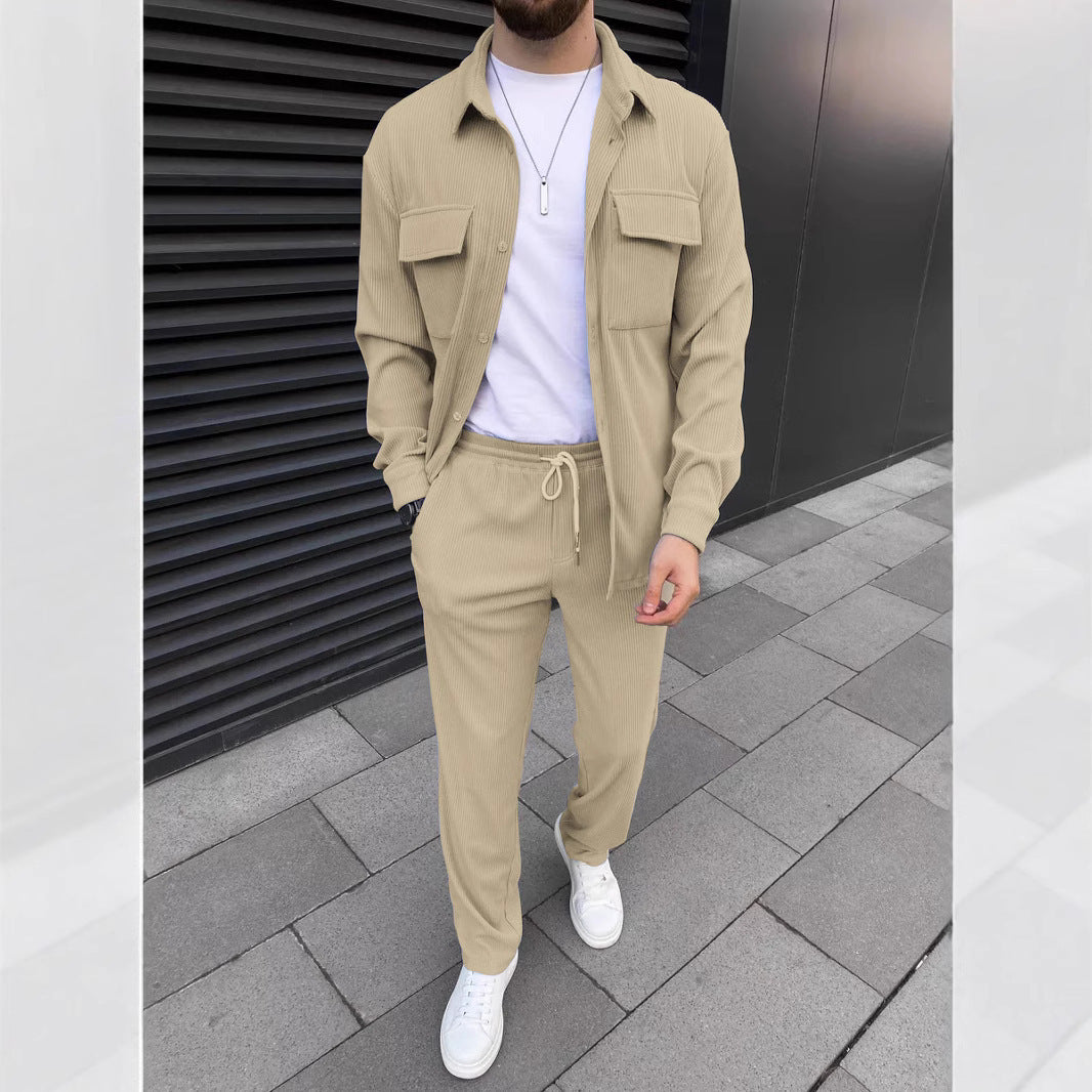 Men's Corduroy Long Sleeve Lapel Shirt Trousers Daily Casual Suit