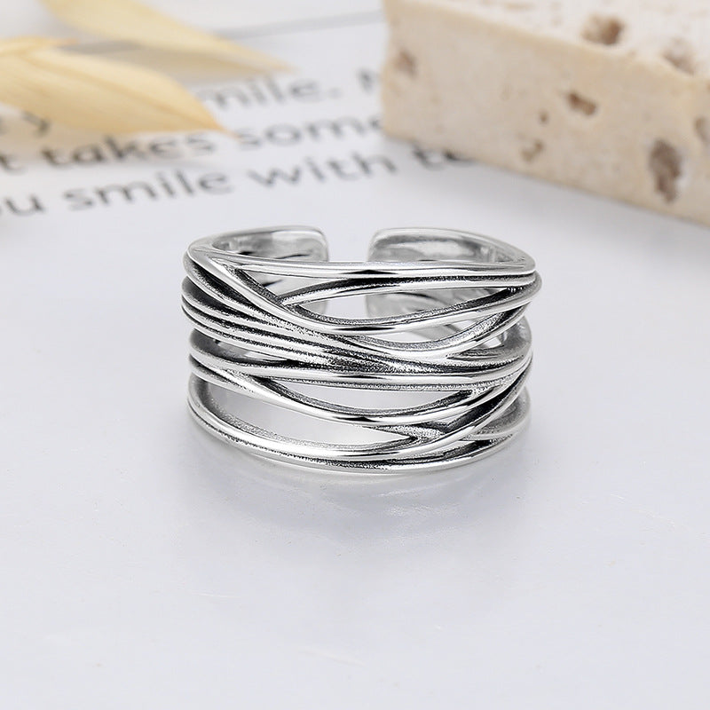 S925 Silver Fashion Vintage Distressed Cross Winding Line Ring