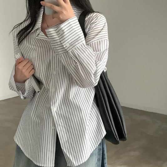 All-match Single-breasted Lapel Long Sleeve Bottoming Striped Shirt