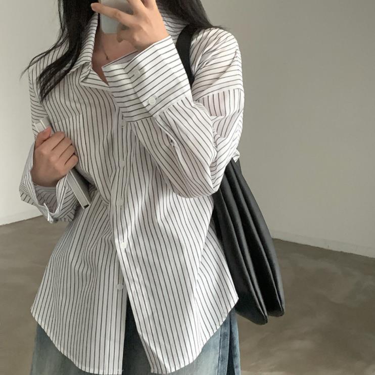 All-match Single-breasted Lapel Long Sleeve Bottoming Striped Shirt
