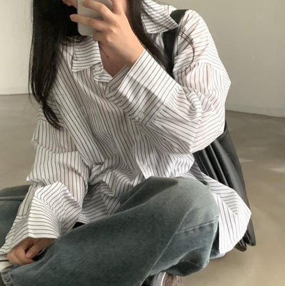 All-match Single-breasted Lapel Long Sleeve Bottoming Striped Shirt