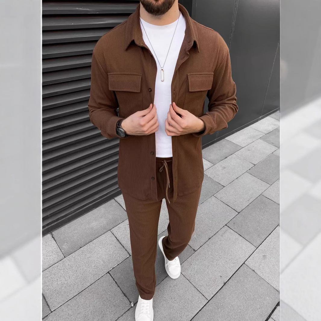 Men's Corduroy Long Sleeve Lapel Shirt Trousers Daily Casual Suit