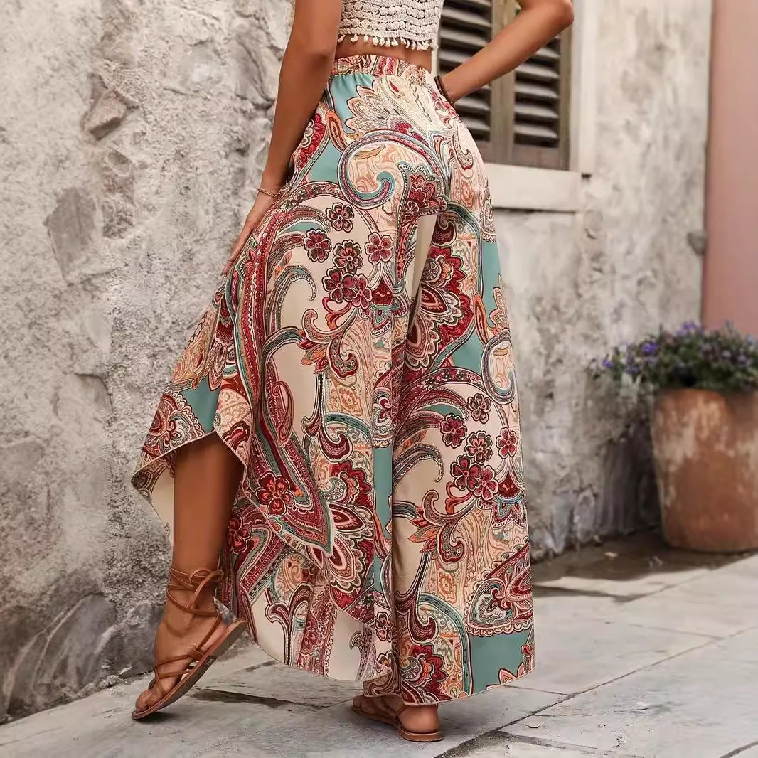 Elegant High Waist Casual Bohemian Vacation Style Wide Leg Pants