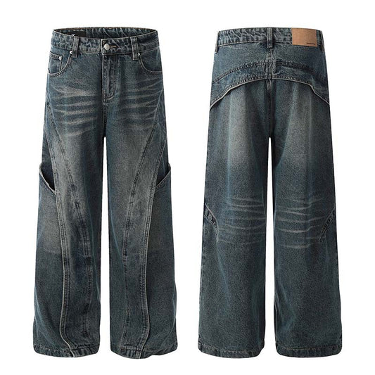 American Retro Heavy Industry Deconstruction Stitching Wide Leg Jeans Men