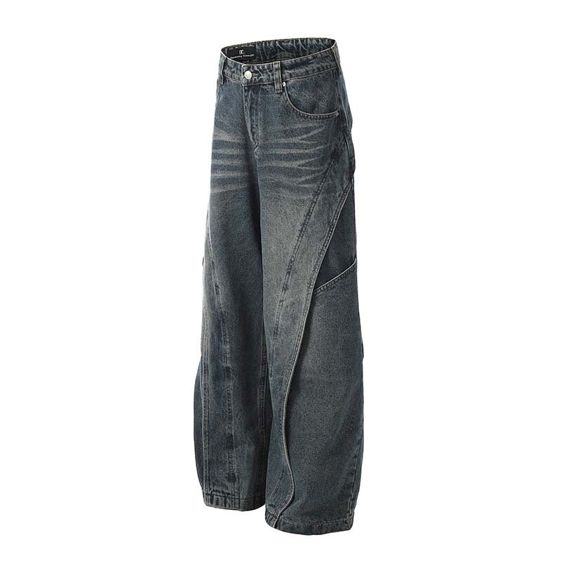 American Retro Heavy Industry Deconstruction Stitching Wide Leg Jeans Men