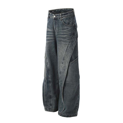 American Retro Heavy Industry Deconstruction Stitching Wide Leg Jeans Men