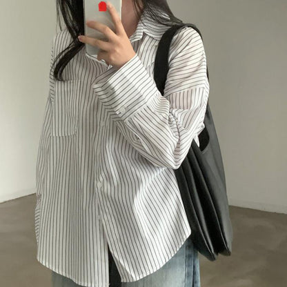 All-match Single-breasted Lapel Long Sleeve Bottoming Striped Shirt