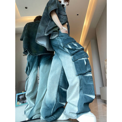 Heavy Industry Multi-pocket American Street Washed Denim Loose Cargo Pants