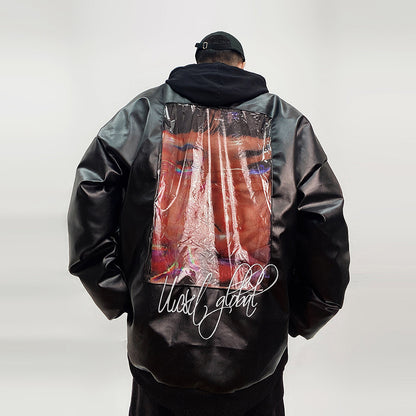 Winter Warm White Duck Down Jacket American Style Loose PU Leather Baseball Uniform Thickened Jacket