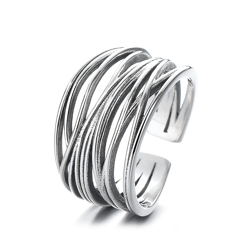 S925 Silver Fashion Vintage Distressed Cross Winding Line Ring