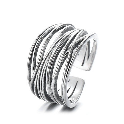 S925 Silver Fashion Vintage Distressed Cross Winding Line Ring