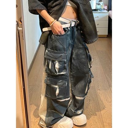 Heavy Industry Multi-pocket American Street Washed Denim Loose Cargo Pants