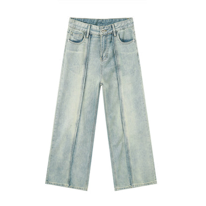 Retro Light Color Stitching Design Straight Wide Leg Jeans