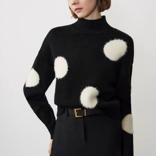 Autumn New Half Turtleneck Polka Dot Temperament Crew Neck Pullover Sweater Women