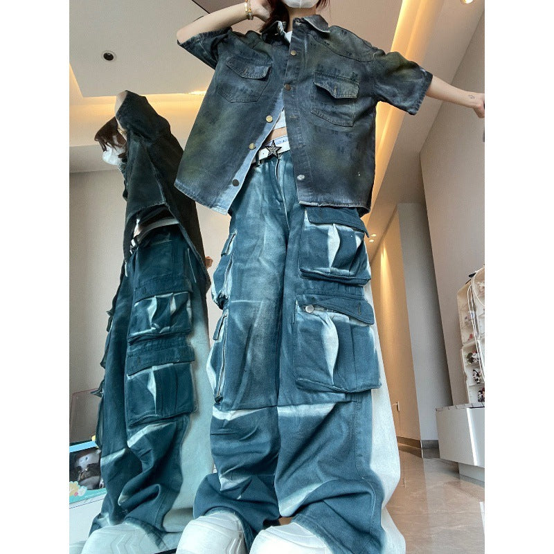 Heavy Industry Multi-pocket American Street Washed Denim Loose Cargo Pants