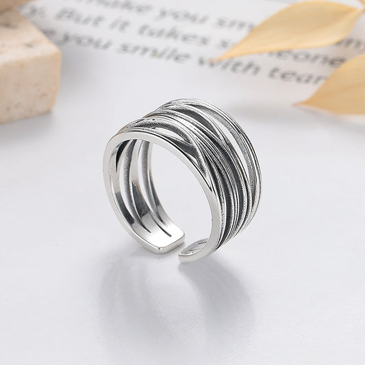 S925 Silver Fashion Vintage Distressed Cross Winding Line Ring