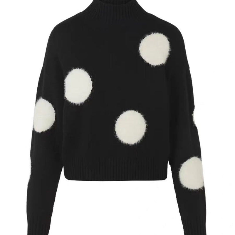 Autumn New Half Turtleneck Polka Dot Temperament Crew Neck Pullover Sweater Women