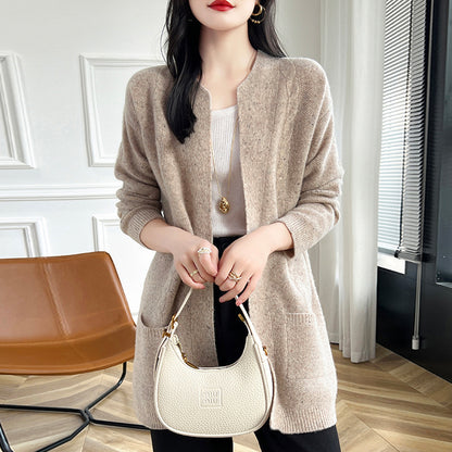Round Neck Wool Cardigan Coat For Women