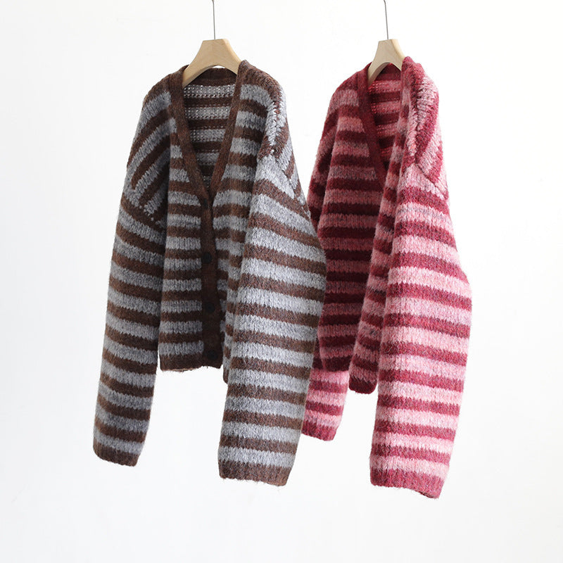 Retro Color Matching Striped V-neck Top