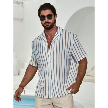Geometric Contrast Color Striped 3D Digital Printing Short Sleeve Shirt