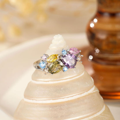 S25 Sterling Silver Dopamine Colorful Flower Zircon High Luxury Magic Color Ring