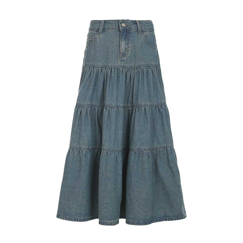 Vacation Style Low Waist Old Washed Blue Loose Slimming Denim Skirt