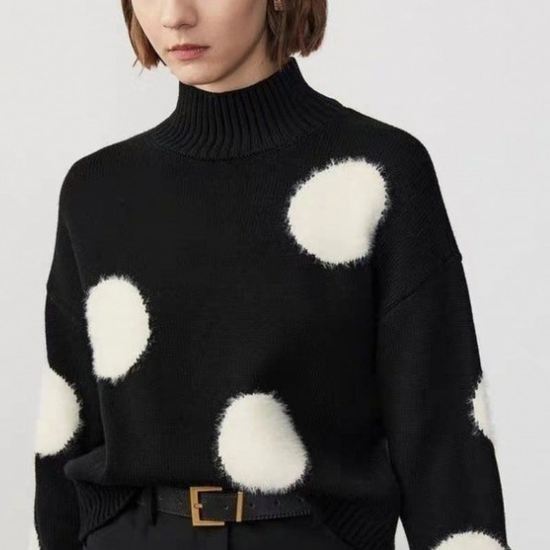 Autumn New Half Turtleneck Polka Dot Temperament Crew Neck Pullover Sweater Women