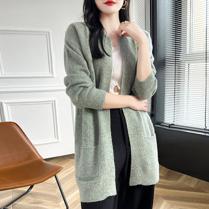 Round Neck Wool Cardigan Coat For Women