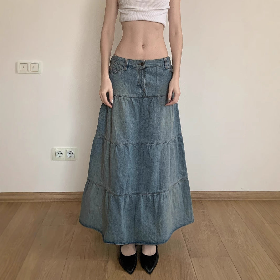 Vacation Style Low Waist Old Washed Blue Loose Slimming Denim Skirt
