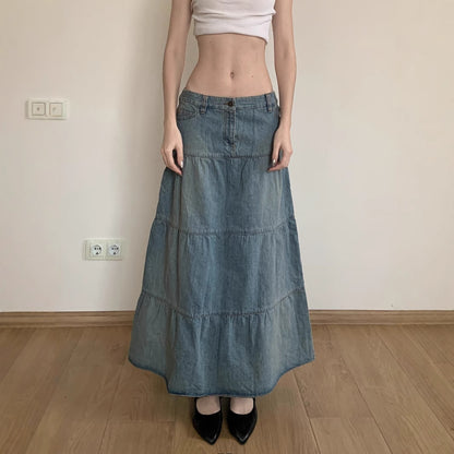 Vacation Style Low Waist Old Washed Blue Loose Slimming Denim Skirt