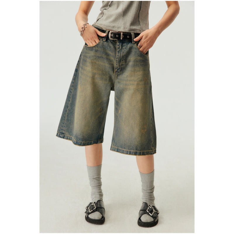 Washed Casual Baggy Straight Trousers Middle Ripped Cropped Pants