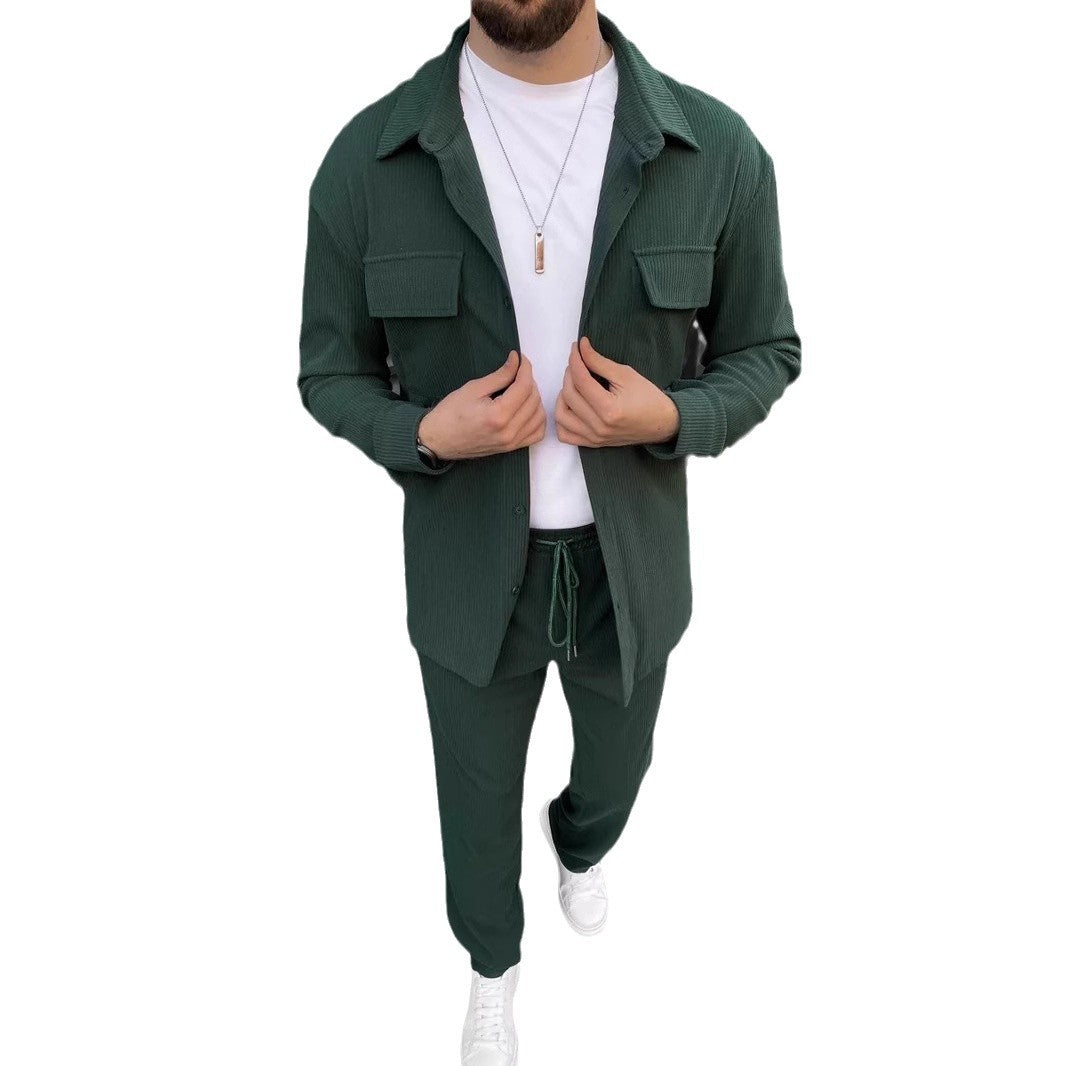 Men's Corduroy Long Sleeve Lapel Shirt Trousers Daily Casual Suit