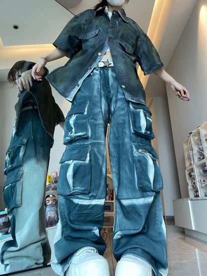 Heavy Industry Multi-pocket American Street Washed Denim Loose Cargo Pants