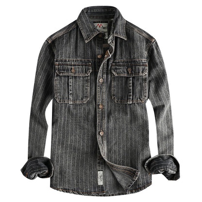 Men's British Retro Black Gray Striped Denim Shirt