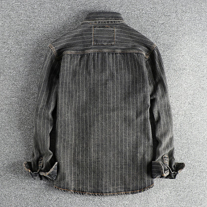 Men's British Retro Black Gray Striped Denim Shirt