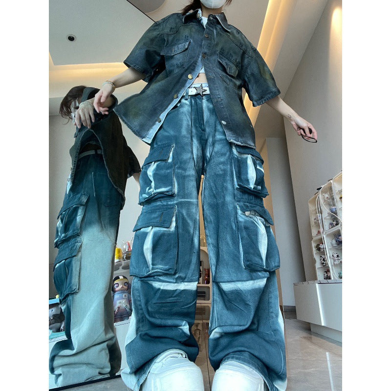 Heavy Industry Multi-pocket American Street Washed Denim Loose Cargo Pants