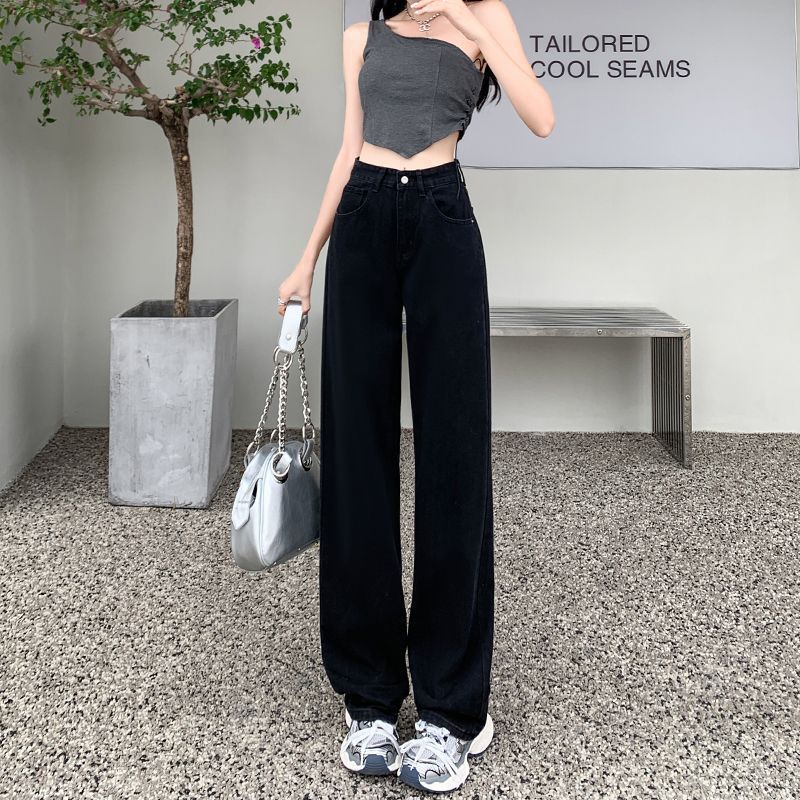 Women's High Waist Straight Loose Slimming Small Wide Leg Jeans