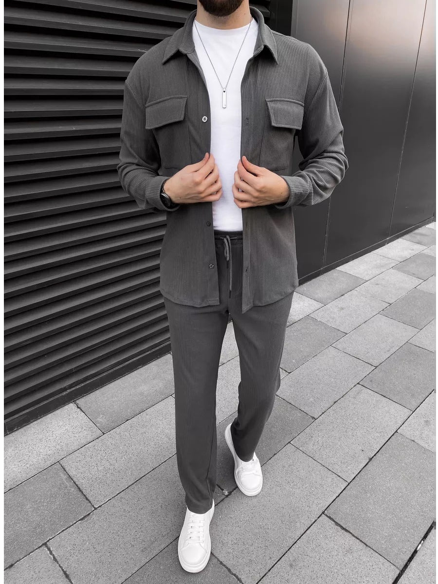 Men's Corduroy Long Sleeve Lapel Shirt Trousers Daily Casual Suit