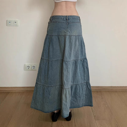 Vacation Style Low Waist Old Washed Blue Loose Slimming Denim Skirt
