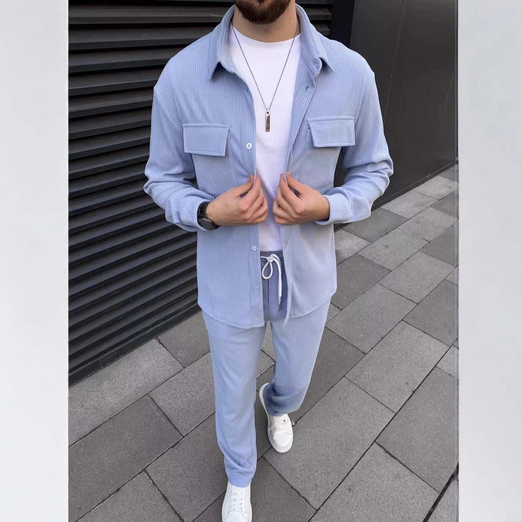 Men's Corduroy Long Sleeve Lapel Shirt Trousers Daily Casual Suit