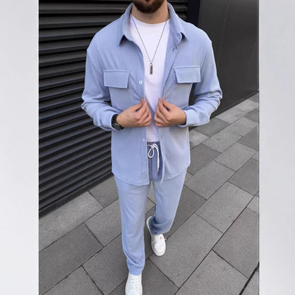 Men's Corduroy Long Sleeve Lapel Shirt Trousers Daily Casual Suit