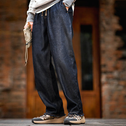 American Casual Jeans Washed Double Pleated Loose Burrs Men's Straight-leg Trousers
