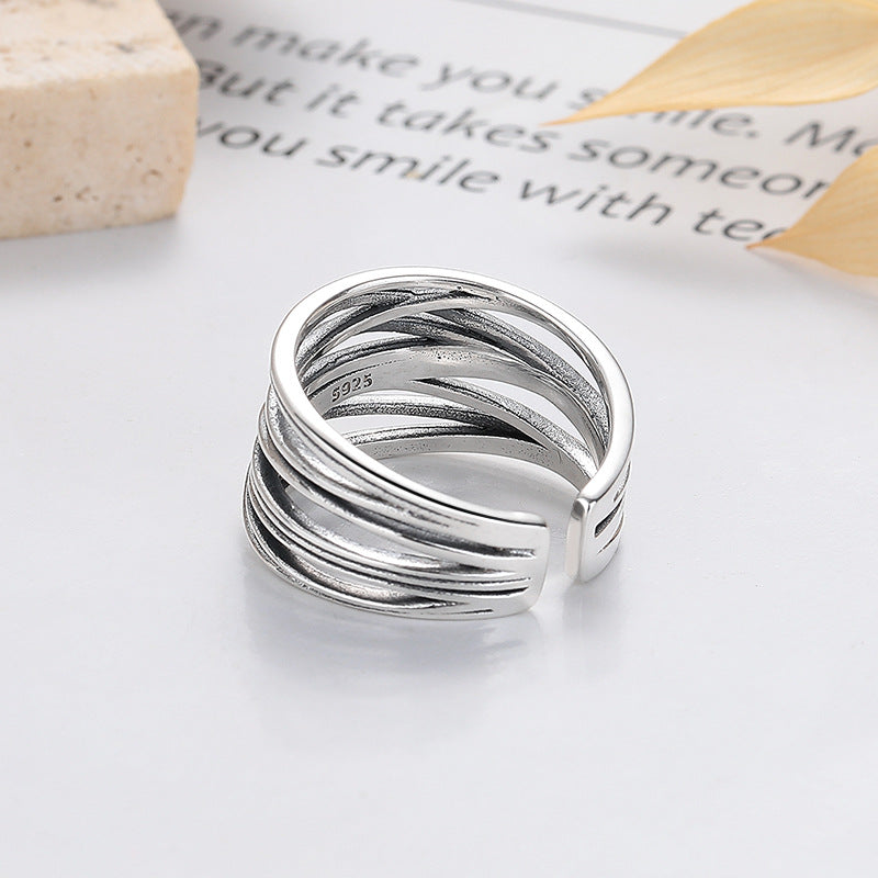 S925 Silver Fashion Vintage Distressed Cross Winding Line Ring