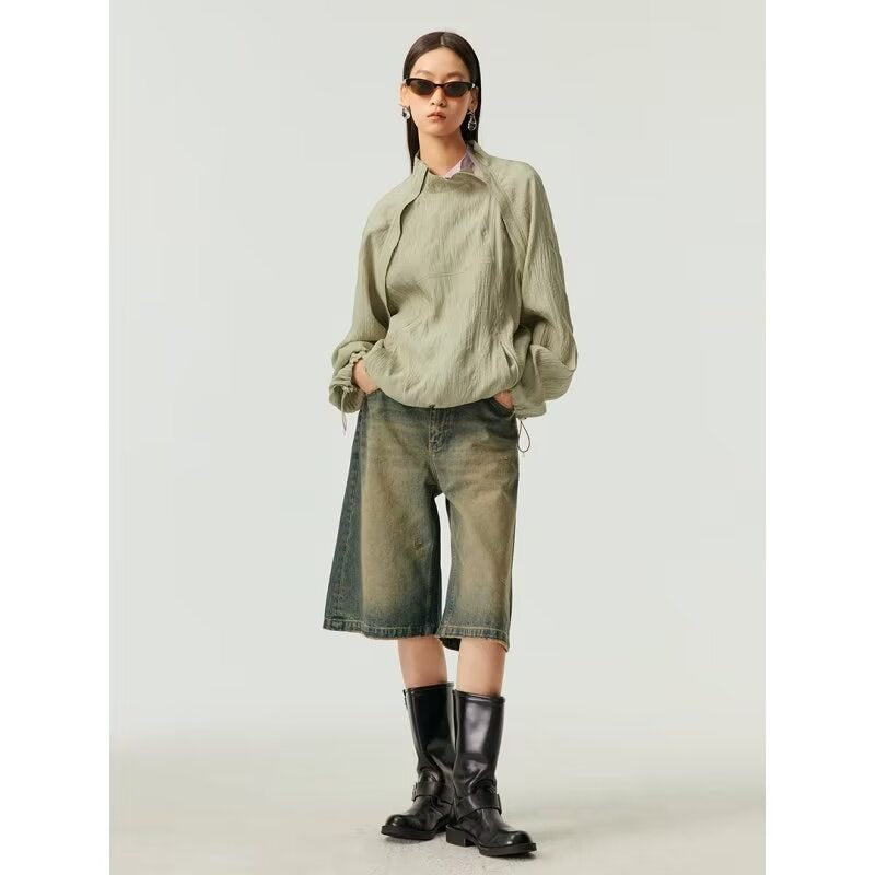 Washed Casual Baggy Straight Trousers Middle Ripped Cropped Pants